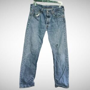 Levis 501 Jeans Mens 32 X 32 Solid Blue Denim Pre Owned Stained Button Fly Pants